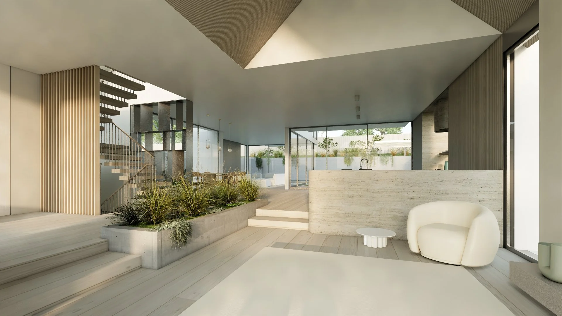 Architectural visualization of a light-filled design-build residence featuring premium materials and connected living spaces by JBurton General Contractor.