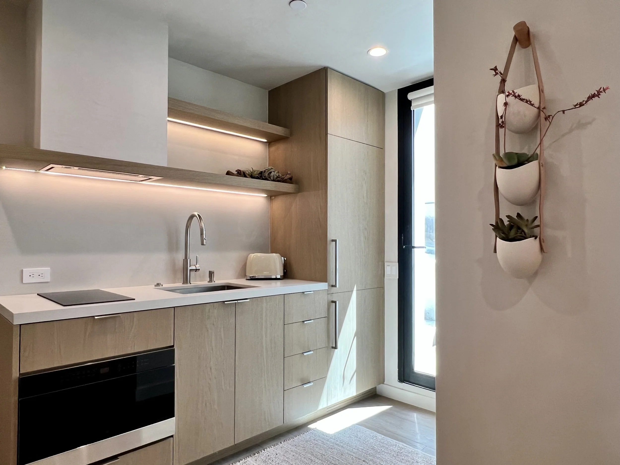 Modern kitchen with light wood cabinets, black stove, white countertops, window with a white roller shade, and wall-mounted planters with succulent plants.