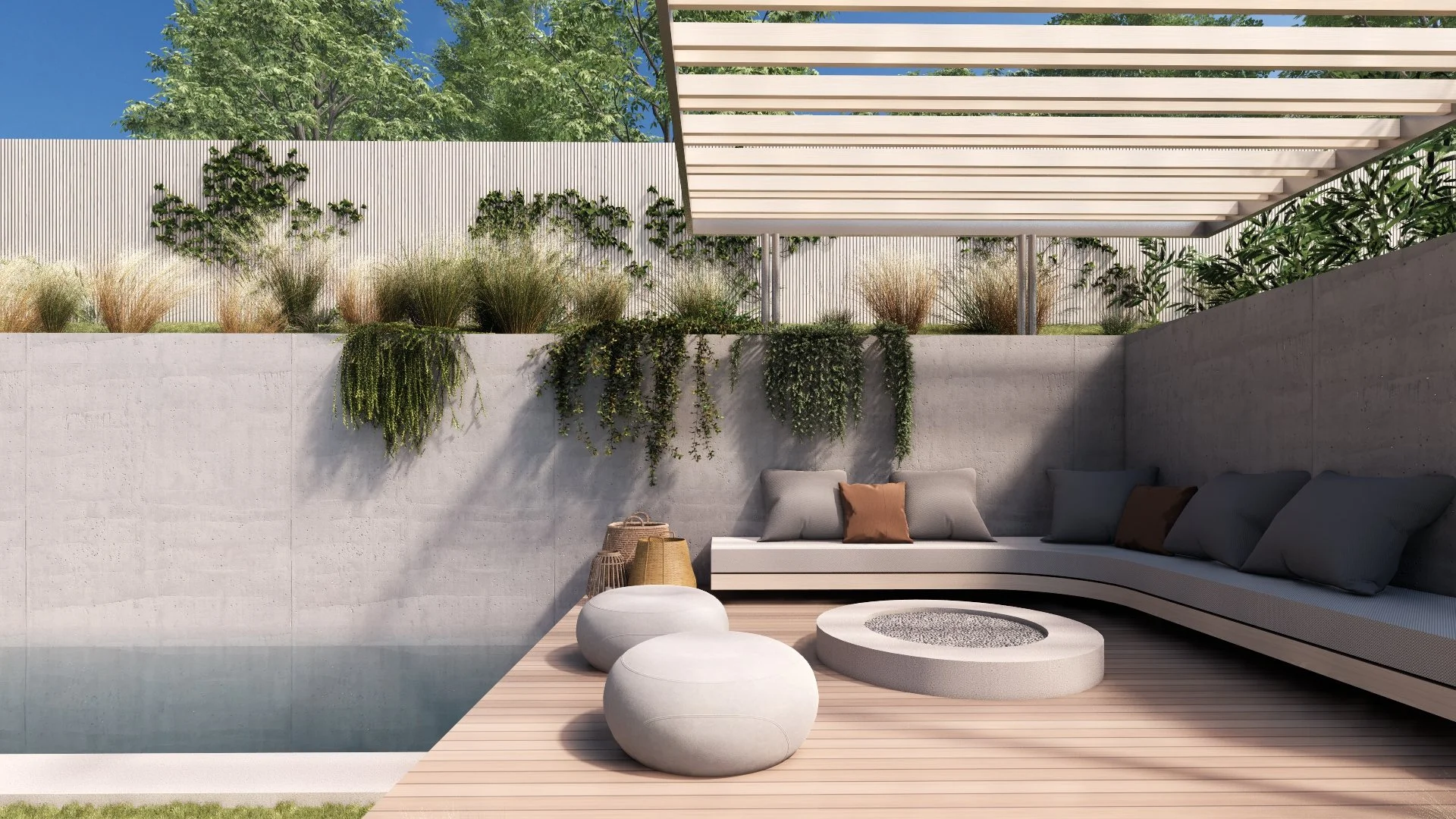 Conceptual rendering of a private courtyard with custom fire pit, built-in seating, and lush architectural landscaping for a luxury Westside Los Angeles residence by JBurton General Contractor.