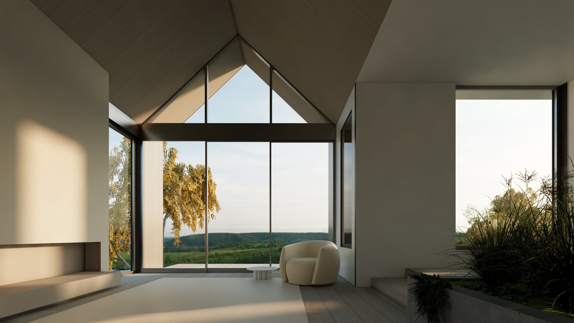 Conceptual rendering of a vaulted great room featuring dramatic gable windows and panoramic views for a custom Westside Los Angeles home by JBurton General Contractor.