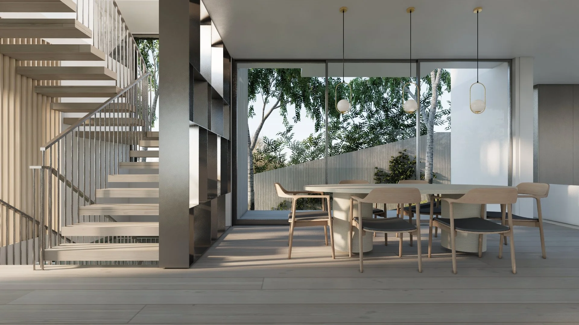 Design rendering of a light-filled dining space framed by expansive glazing, double-height ceilings, and refined architectural detailing for a custom Westside Los Angeles residence by JBurton General Contractor.