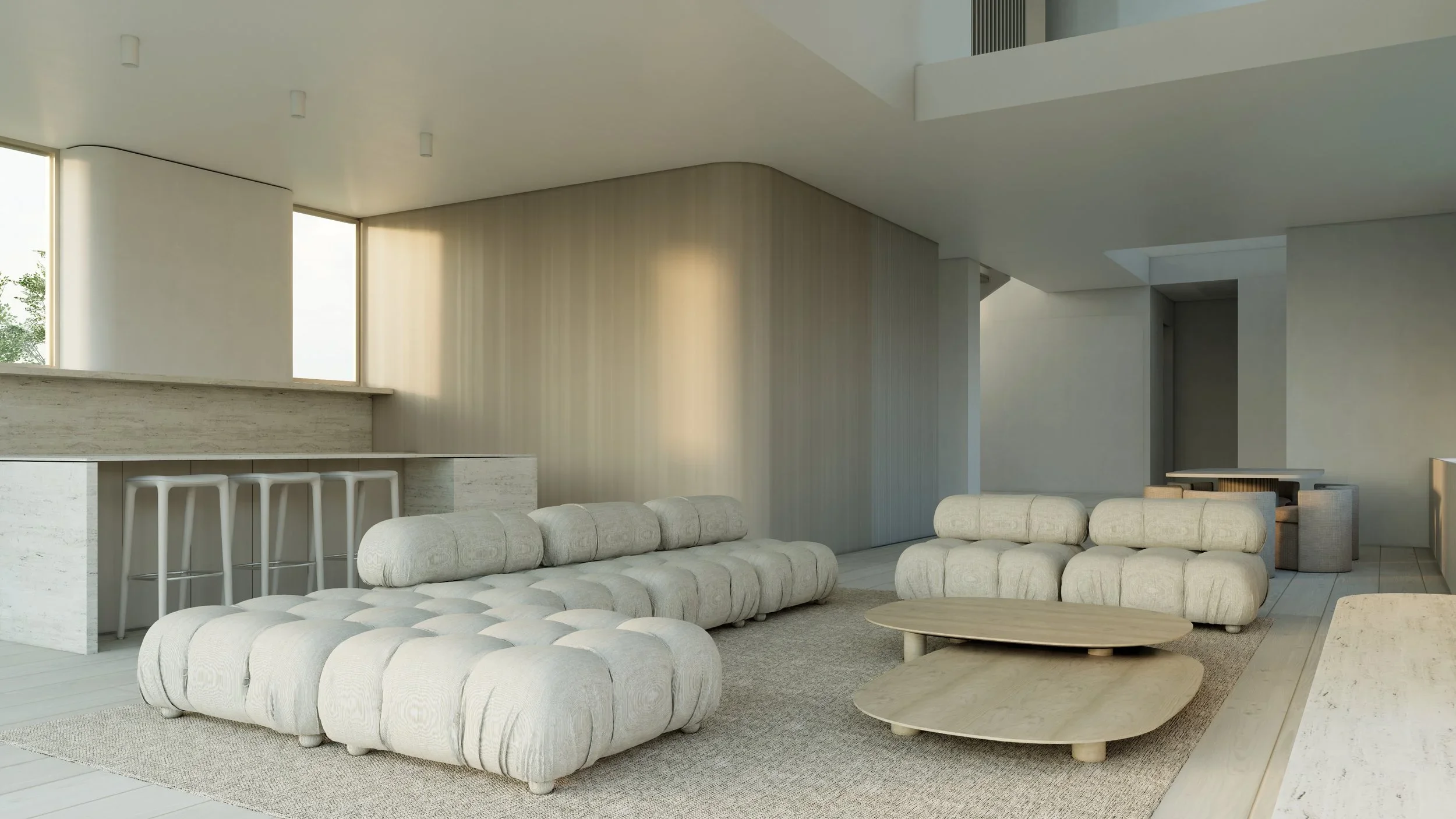 Spacious open-concept living room in a luxury Pacific Palisades custom fire rebuild, featuring double-height ceilings, expansive glazing, custom finishes, and modern residential construction by JBurton General Contractor.