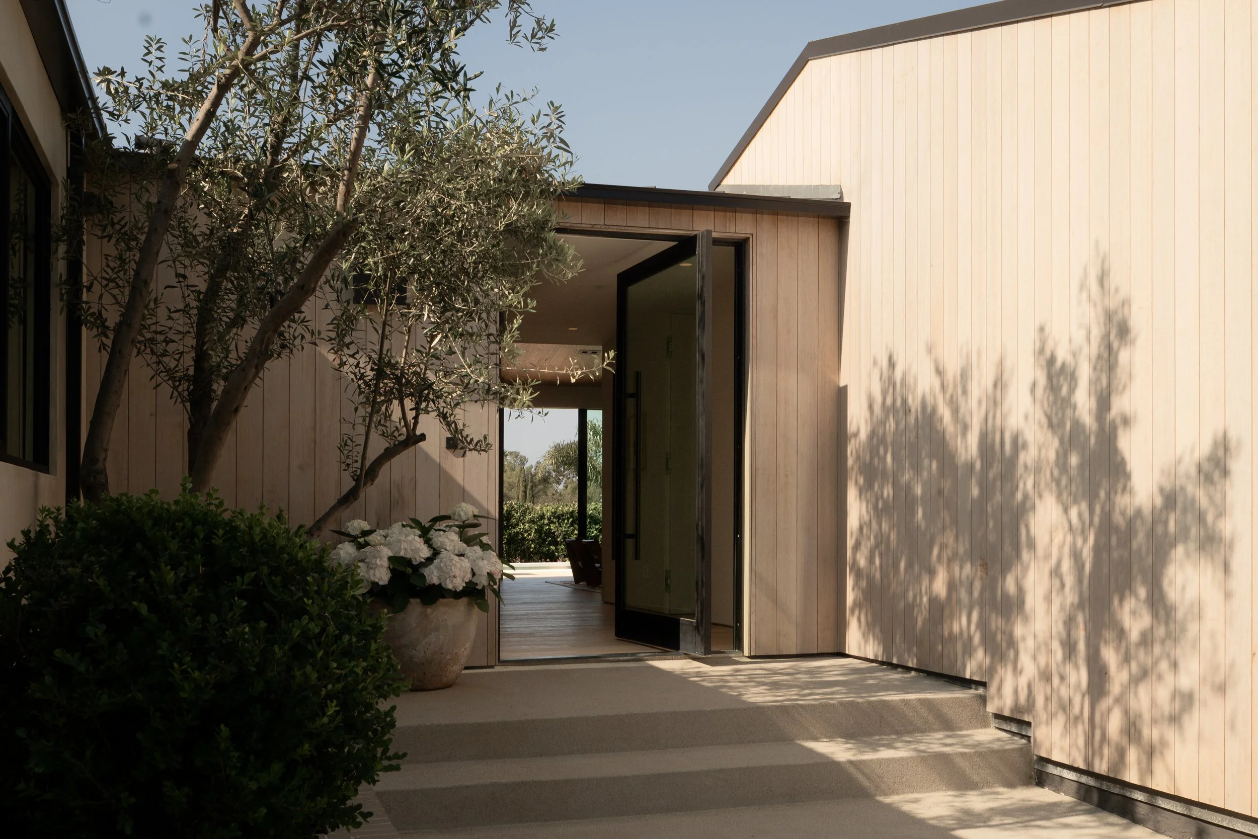 Modern house with wooden exterior siding, an open door, and a tree with shadow cast on the wall.
