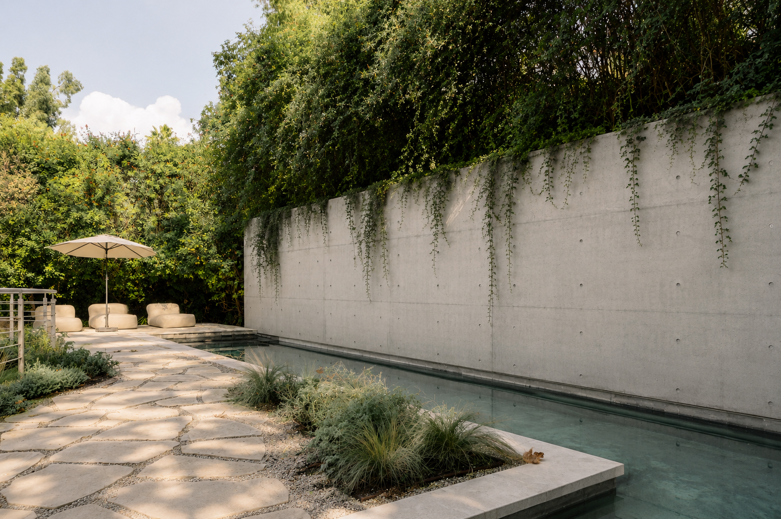 Private reflecting pool with smooth concrete retaining walls and landscaped outdoor living space, remodel completed by JBurton General Contractor for a luxury home in Benedict Canyon, Los Angeles.