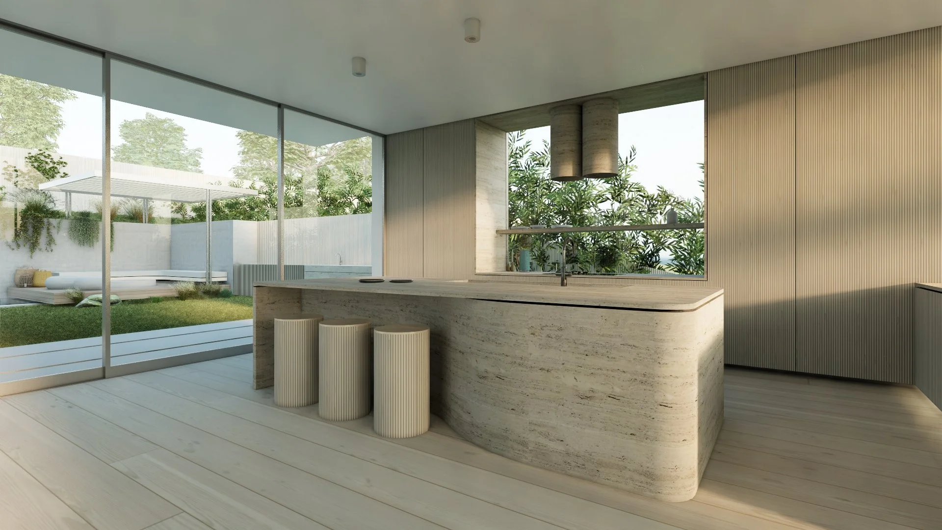 Kitchen rendering showcasing a curved stone island, floor-to-ceiling glazing, and clean contemporary detailing for a custom Westside Los Angeles home by JBurton General Contractor.