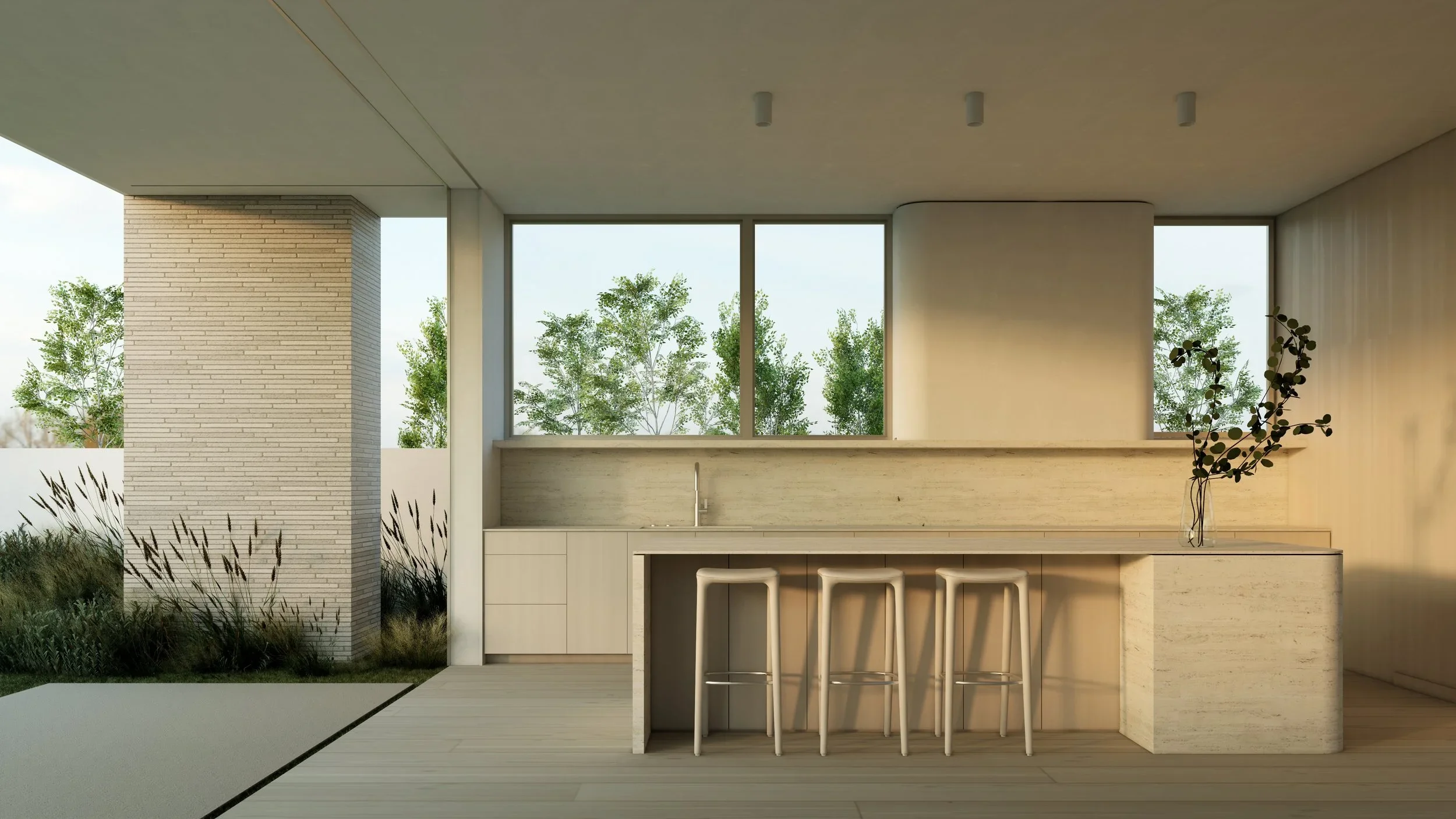 Open-concept luxury kitchen rendering for a Pacific Palisades fire rebuild, featuring natural stone surfaces, oversized island seating, floor-to-ceiling glass, and modern custom home design by JBurton General Contractor.