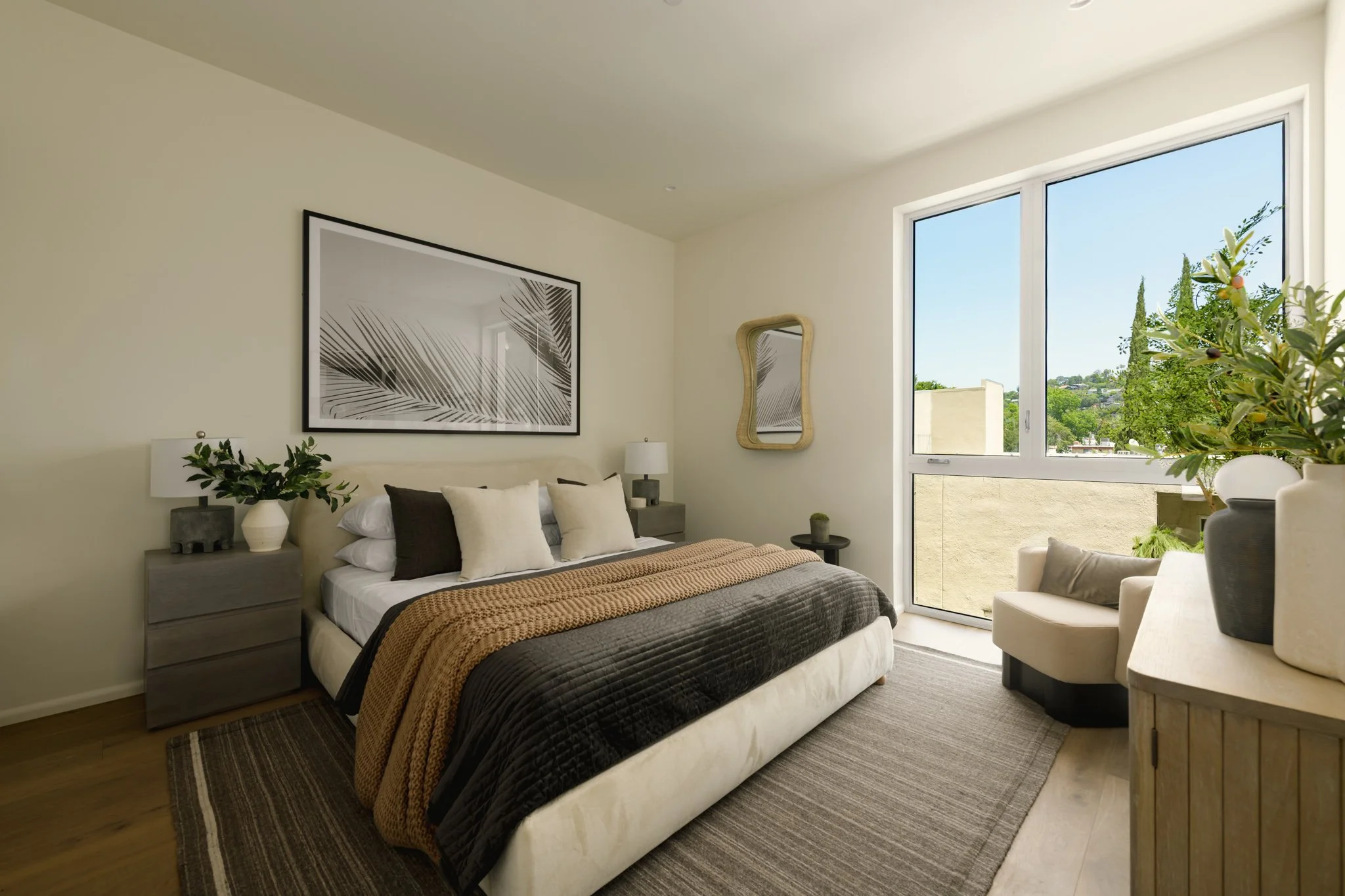 Modern bedroom suite with oversized windows, custom finishes, and contemporary design, built by JBurton General Contractor in Silver Lake, Los Angeles.