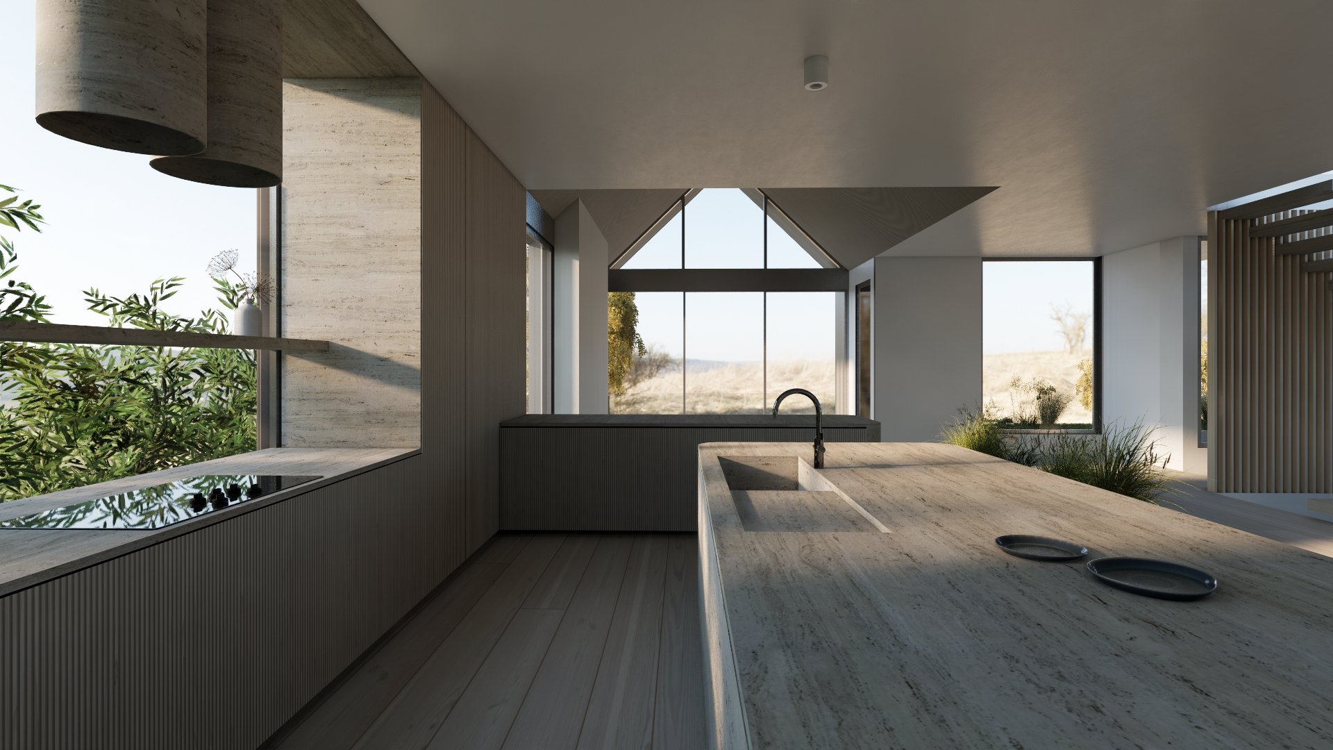 Concept rendering of a bespoke kitchen featuring a monolithic natural stone island, integrated cabinetry, and clean architectural lines by JBurton General Contractor.
