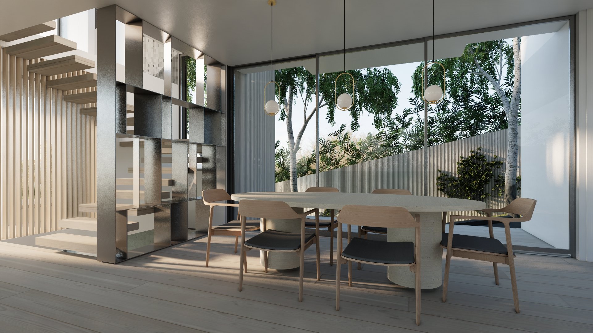 Architectural visualization of an open dining area that blends natural materials, panoramic glazing, and minimalist design in a custom home by JBurton General Contractor.