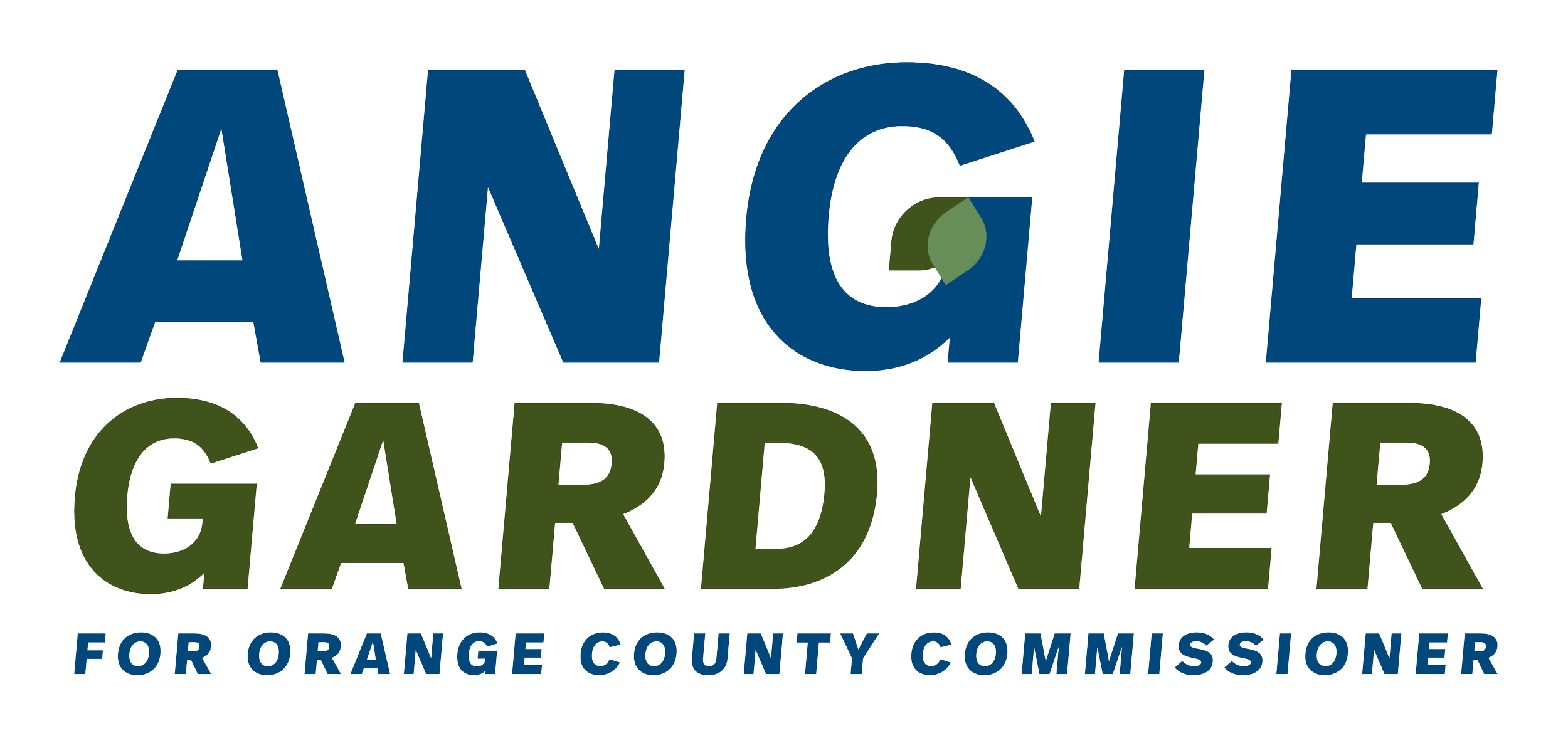 Campaign logo for Angie's Gardener supporting Orange County Commissioner, with the name in large blue and green letters and a small leaf emblem.