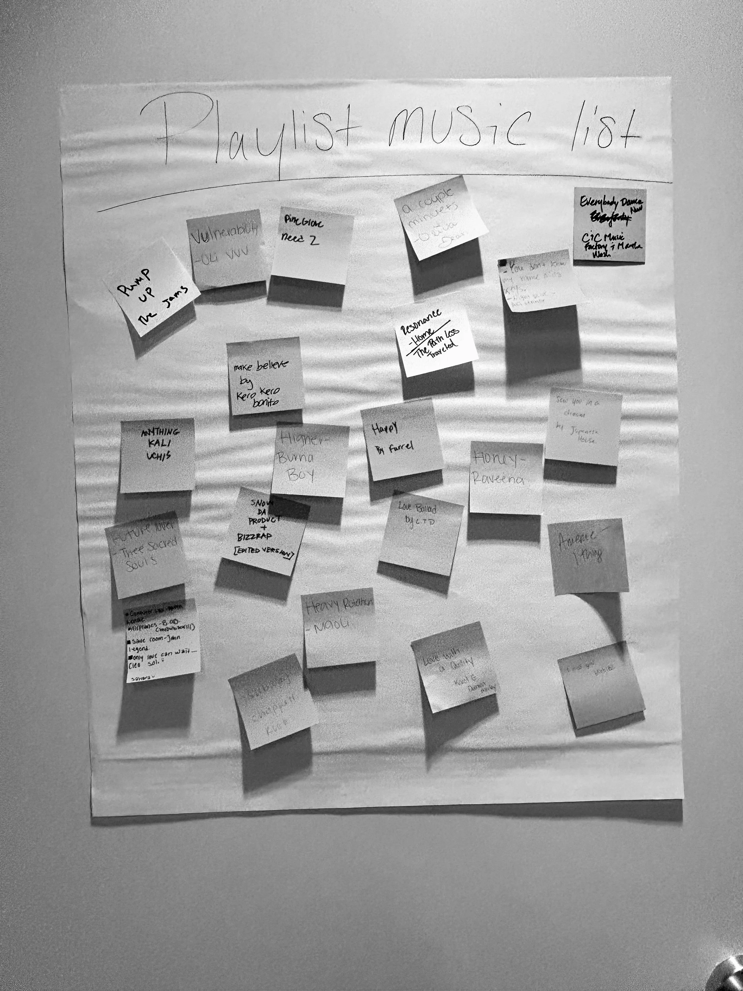 Sticky notes on a wall during a facilitation workshop