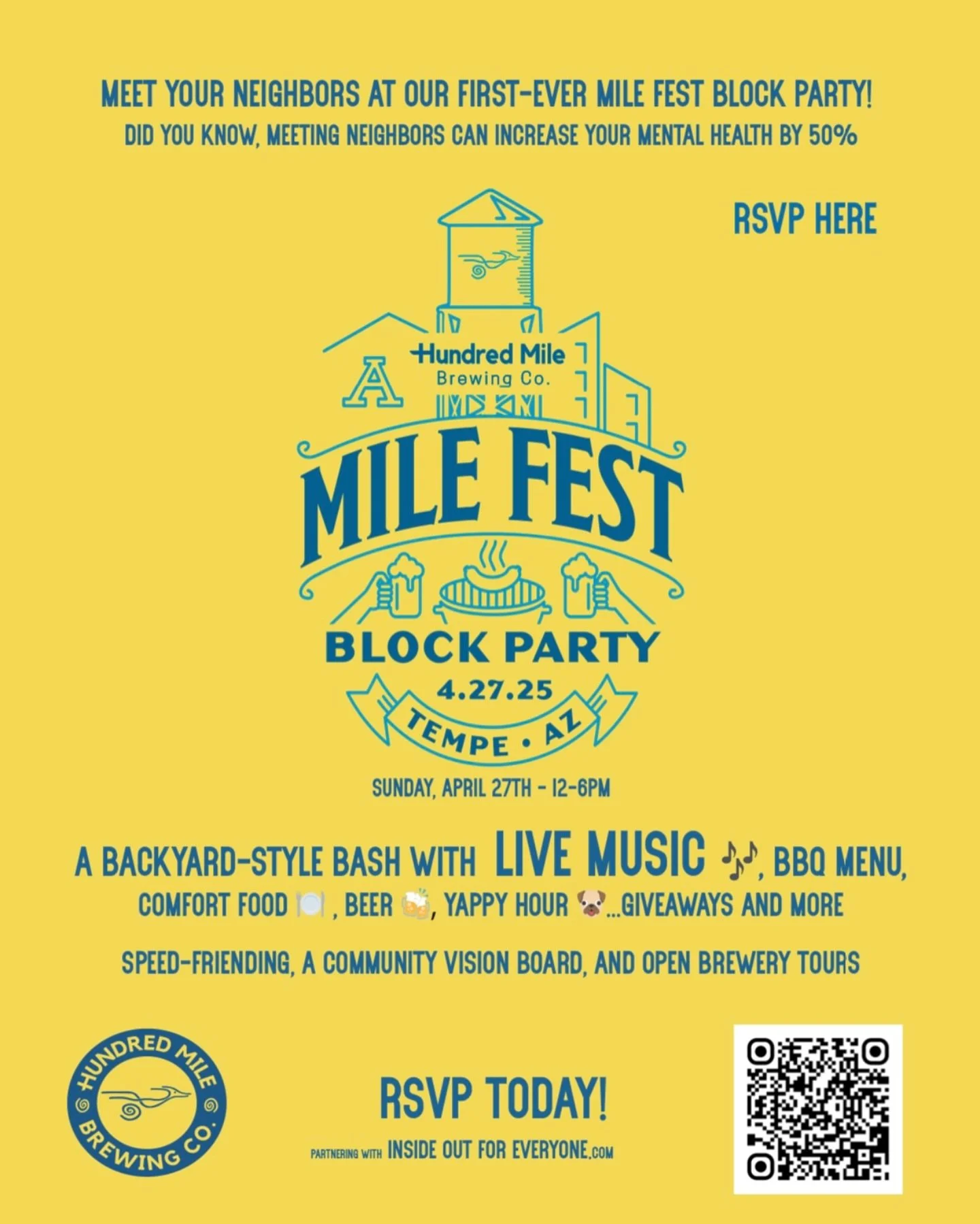 It&rsquo;s time to meet your neighbors! 🏃&zwj;♀️🍻
Join us this Sunday, April 27th from 12&ndash;6PM for Mile Fest at Hundred Mile Brewing Co. It will be a backyard-style block party with live music, BBQ, beer, giveaways, and more.
Bring your pup fo