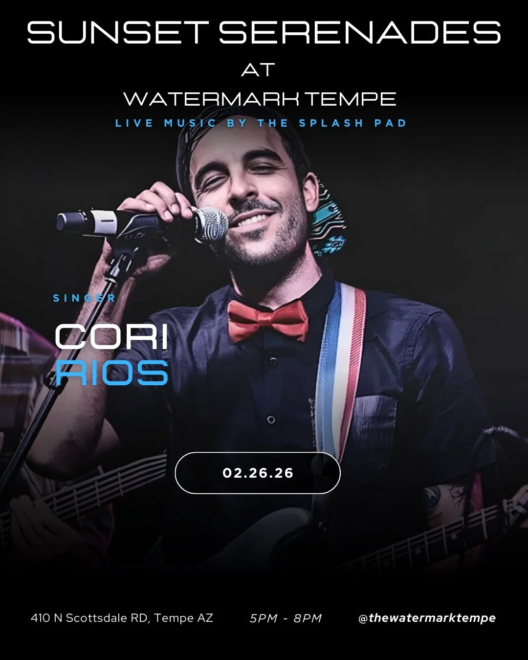 The music continues at Watermark Tempe! Catch live music every Thursday, Friday, and Saturday night by the Splash Pad

This weekend&rsquo;s lineup:
THU (2/26): Cori Rios
FRI (2/27): Brady Grey
SAT (2/28): Serena Nicolle

410 N Scottsdale Rd, Tempe
5 