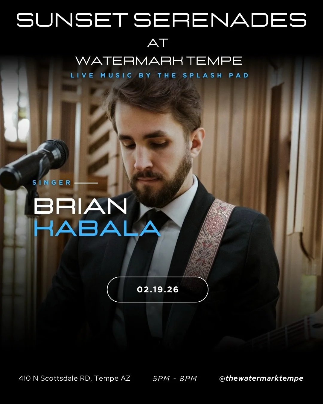 The music continues at Watermark Tempe! 🎤 Catch live music every Thursday, Friday, and Saturday night by the Splash Pad

This weekend&rsquo;s lineup:
&bull; THU (2/19): Brian Kabala 
&bull; FRI (2/20): Jacob Luttrell 
&bull; SAT (2/21): Steve Gripp
