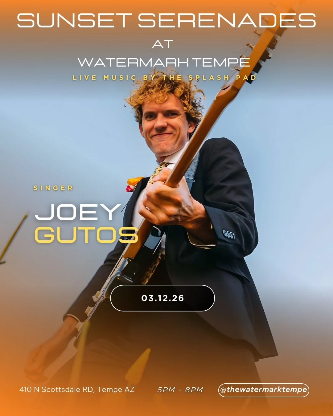 The music doesn&rsquo;t stop at Watermark Tempe! 🌅
Join us for another weekend of Sunset Serenades by the Splash Pad. Grab a drink, enjoy the lakeside views, and catch these local voices live from 5 PM - 8 PM:
&bull; THU (3/12): Joey Gutos 🎸
&bull;
