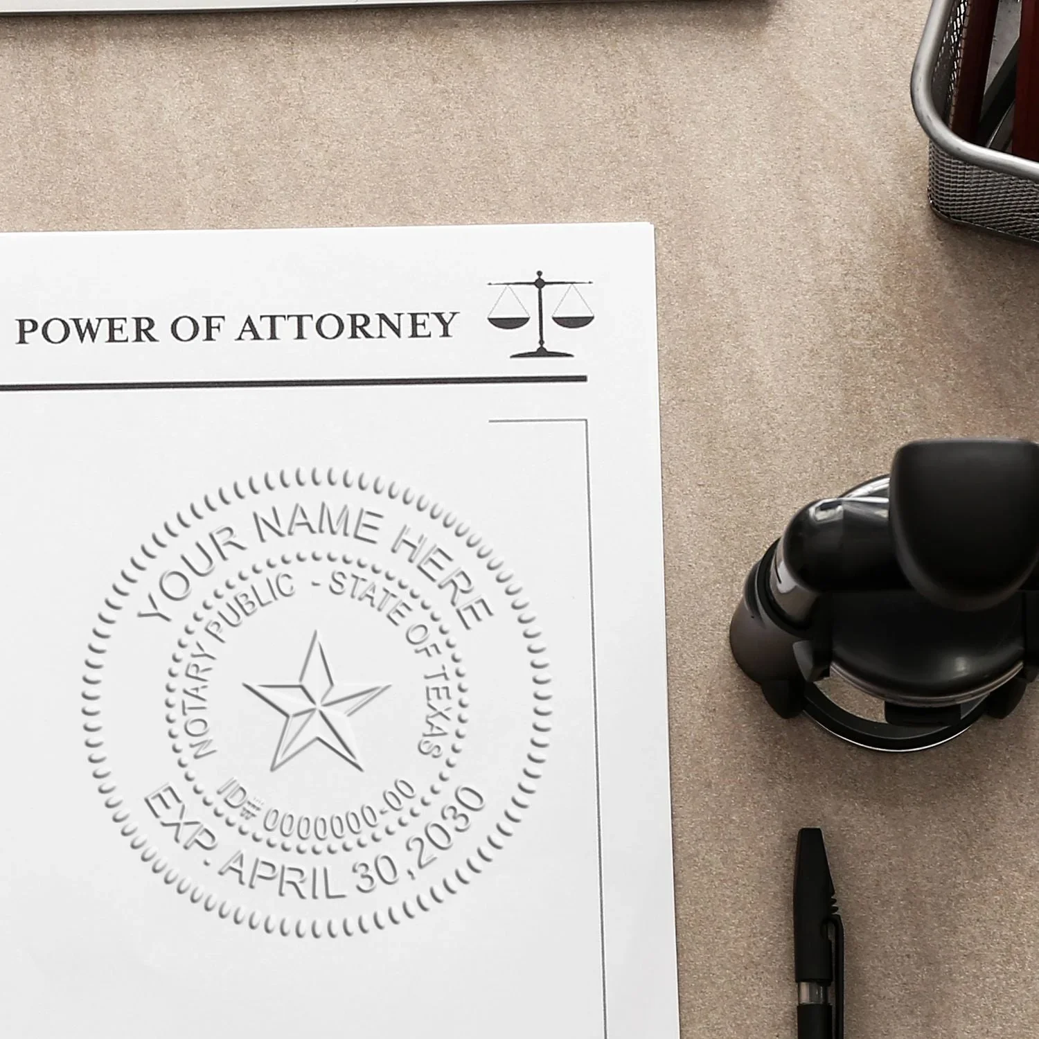 A legal document titled 'Power of Attorney' with a seal, a black pen, and a black rubber stamp on a beige desk with a metal pen holder.