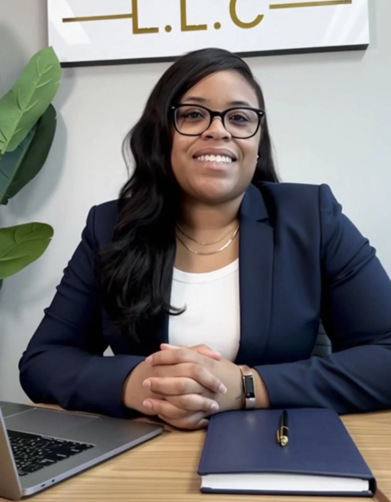 A woman with long black hair wearing glasses, a navy blazer, and a white top, sitting at a desk with a laptop, a closed notebook, and a pen, smiling at the camera.