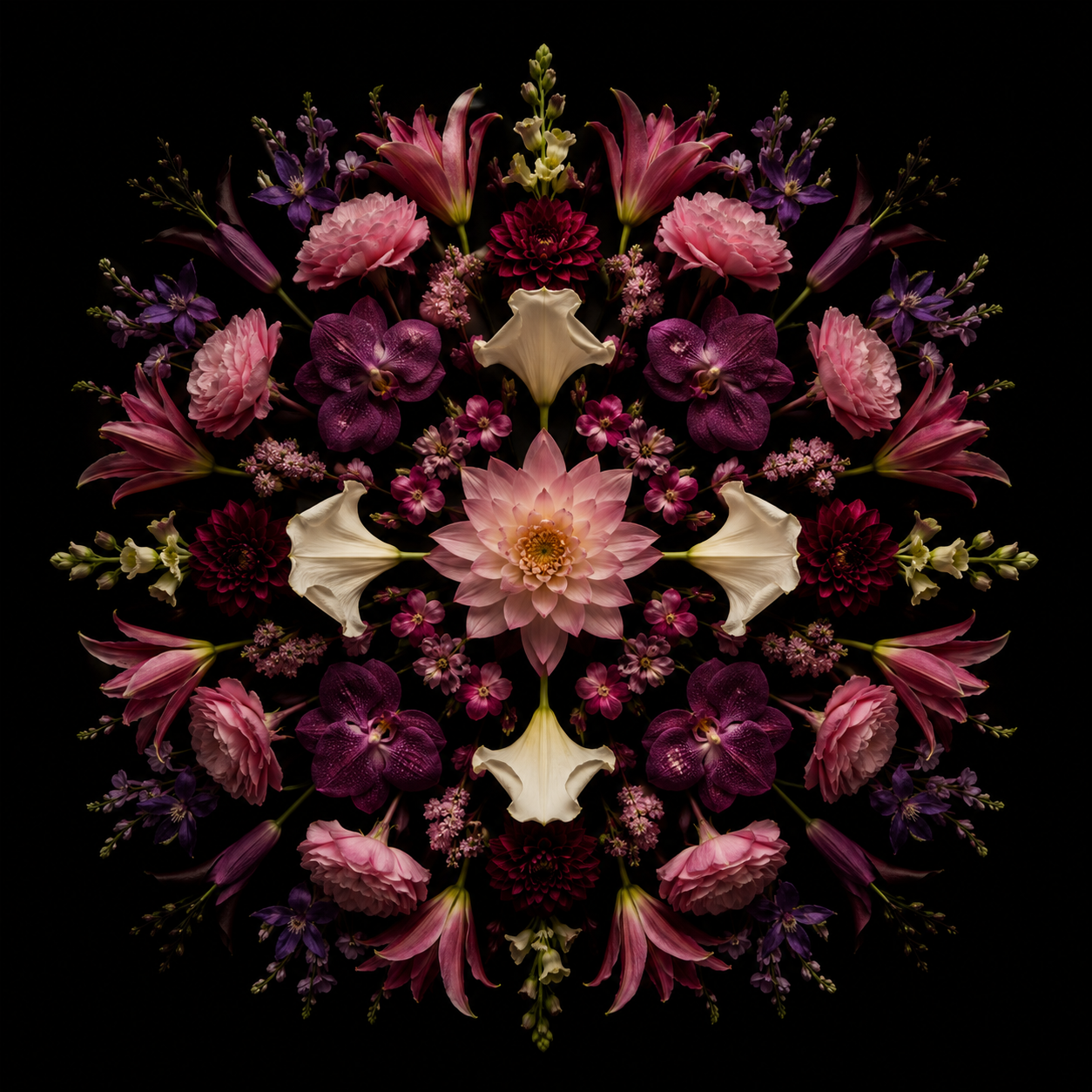 Symmetrical floral mandala on a black background featuring pink lotus, orchids, lilies, dahlias, carnations, and deep violet blooms arranged in a radiant pattern of softness and transformation.