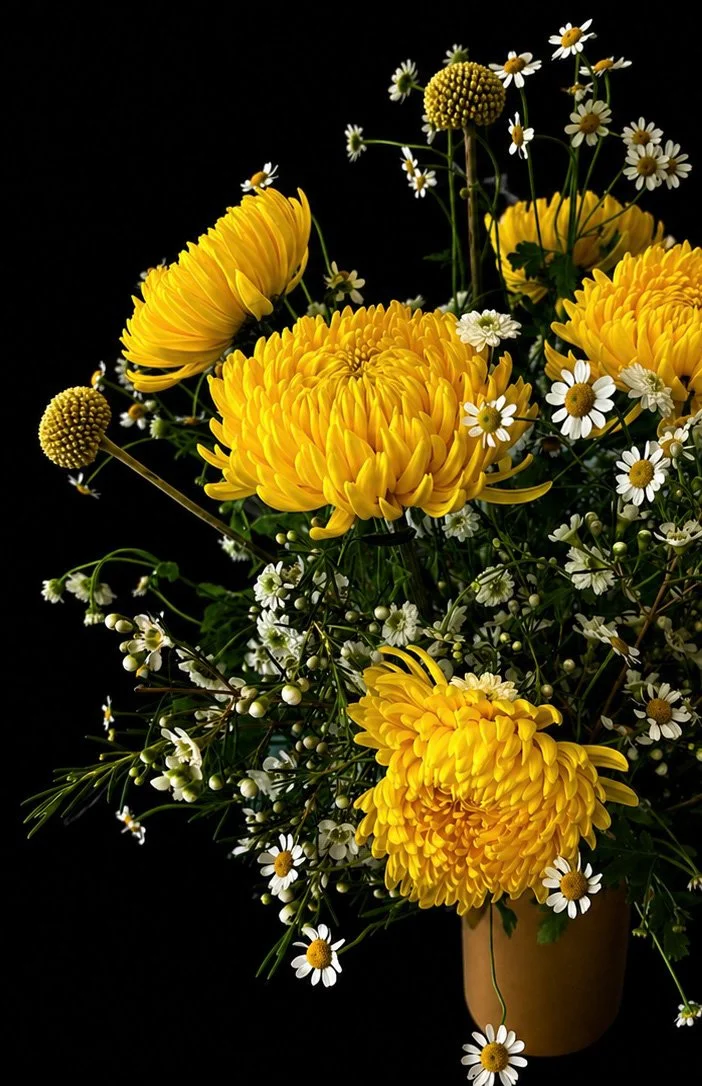 Lush floral arrangement of golden chrysanthemums, chamomile daisies, and spherical blooms in a warm ceramic vase against a black background, radiating brightness, joy, and softness.