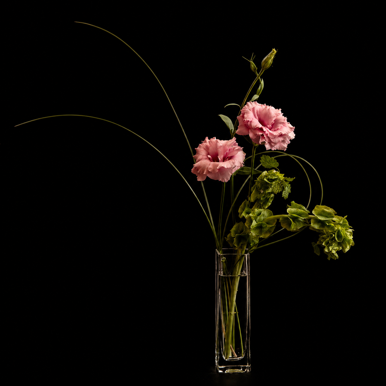 Minimal floral arrangement with pink lisianthus, sculptural greenery, and sweeping grass stems in a slender glass vase against a black background, evoking elegance and stillness.