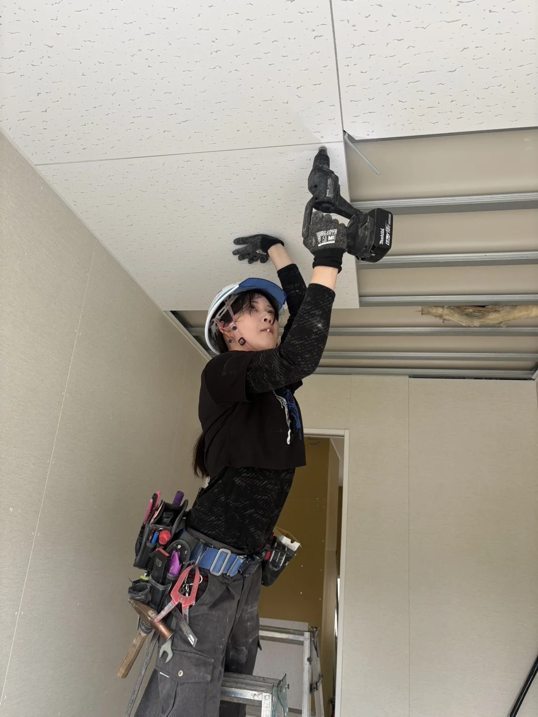 天井の壁紙を貼り付けている女性作業員。ヘルメットをかぶり、工具を腰に付けて、脚立の上に立っている。