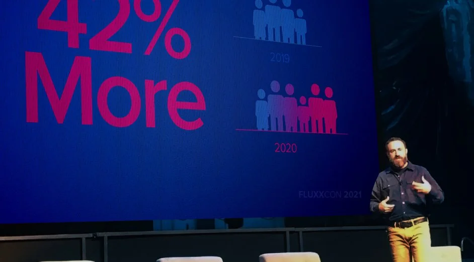 A man giving a presentation on a stage with a large screen behind him that shows a statistic about a 42% increase from 2019 to 2020. The slide is titled 'FluxxCon 2021'.
