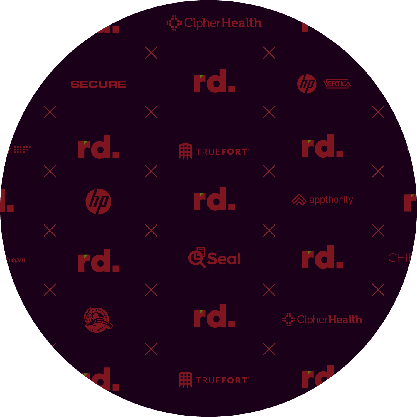 A black circular background with multiple red and green logos and text related to cybersecurity and tech companies, including 'rd.', 'CipherHealth', 'hp', 'TRUEFORT', 'apphitory', 'Seal', and other industry symbols.