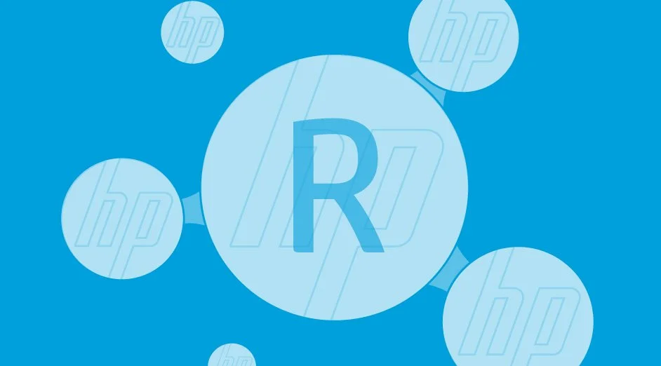 Digital graphic of a large letter 'R' in the center surrounded by smaller circles with the 'HP' logo, set against a blue background.