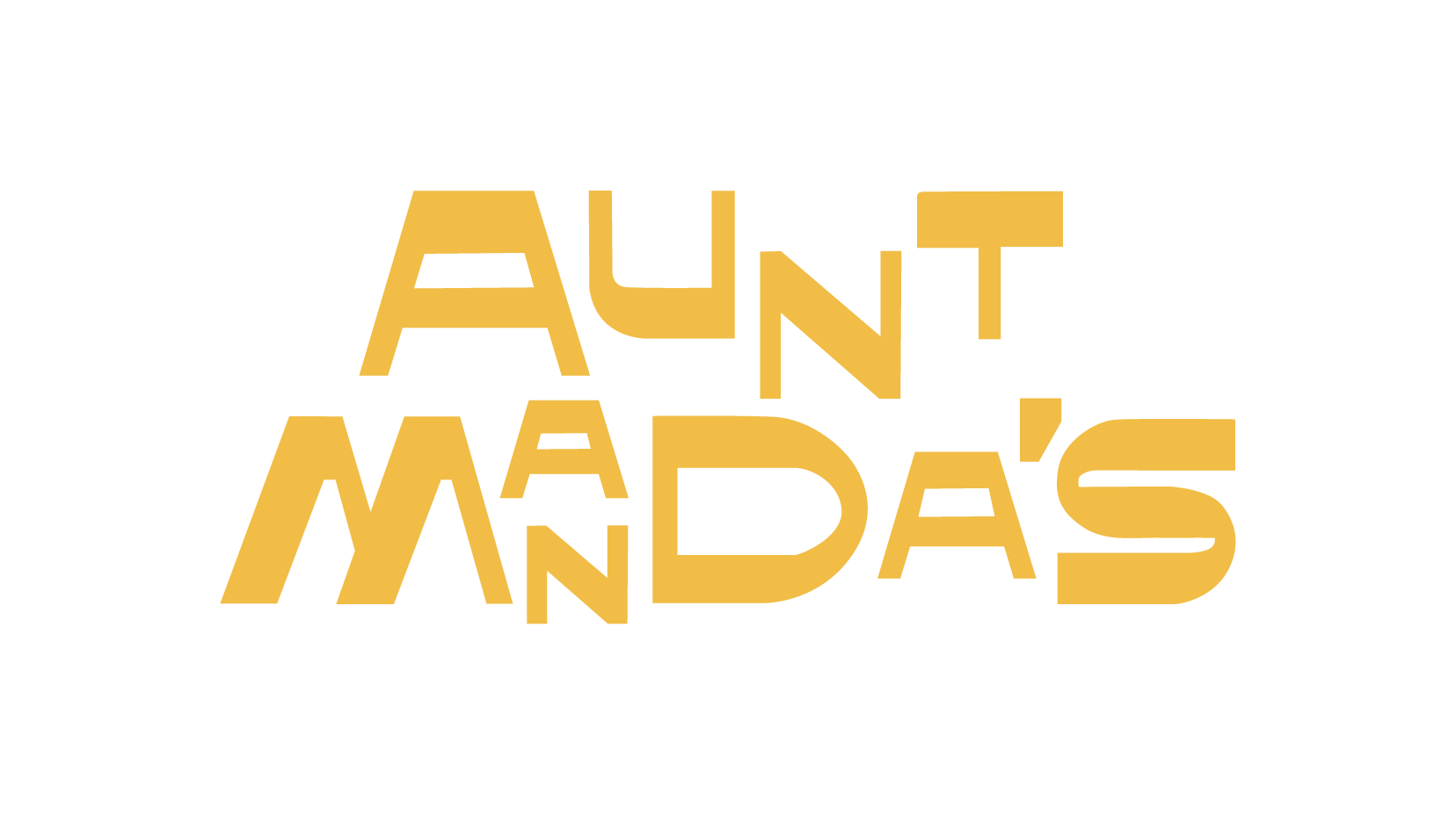 Text saying "AUNT MANDAS" in yellow on a black background, with the letters arranged in a stylized, layered manner.