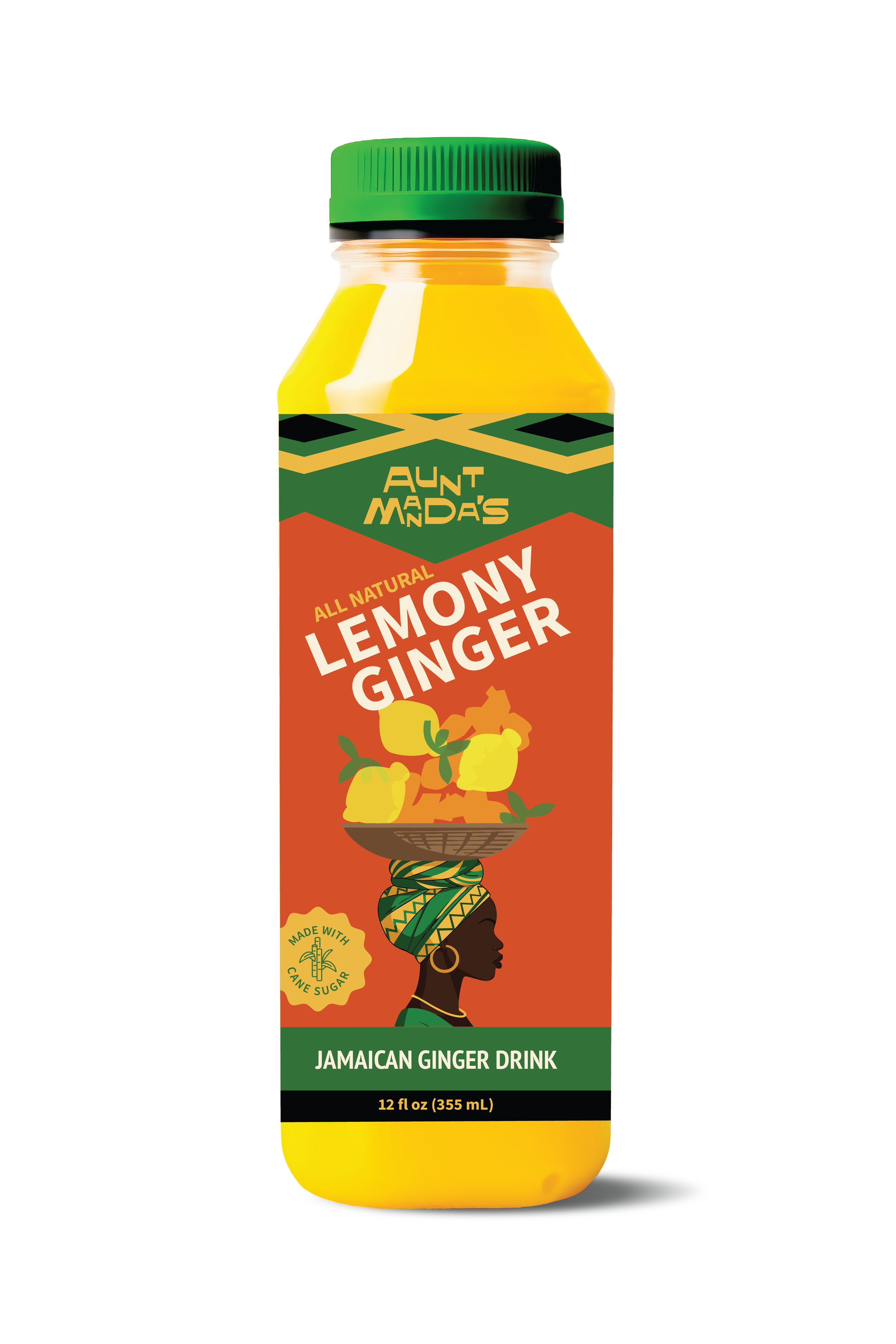 A bottle of Aunt Manda's all-natural lemony ginger Jamaican ginger drink with a green cap, yellow liquid inside, and a label featuring a woman wearing a headwrap with lemons on her head, and a green banner at the bottom with the flavor description.