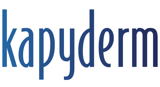 The image features the word 'kapyderm' in stylized text with a gradient of dark to light blue colors.