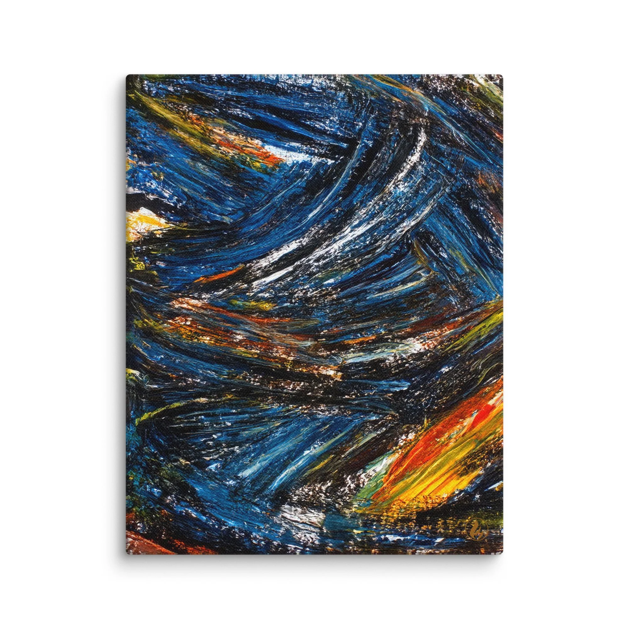 Abstract Canvas Wall Art – Turbulent Grace – Blue & Fiery Brushstroke Print – Modern Home Decor