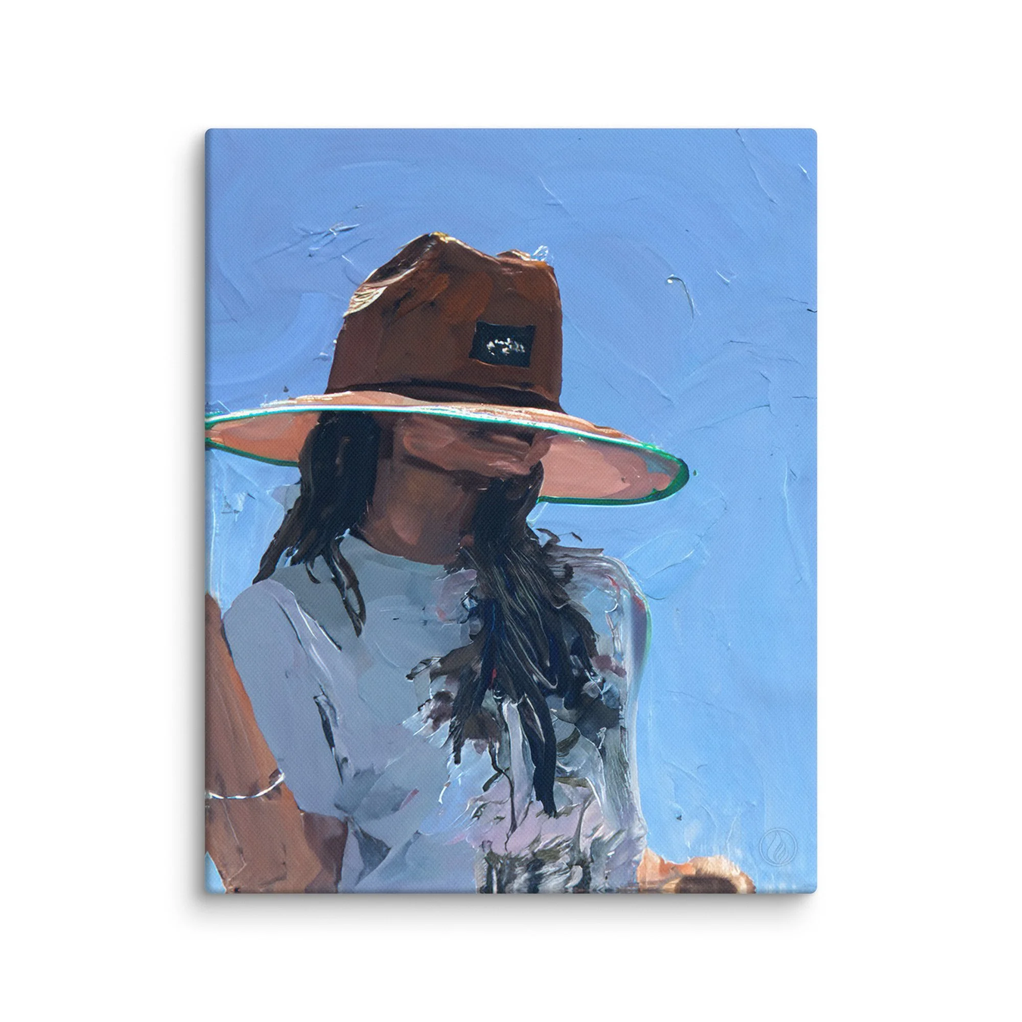 Figurative Canvas Art – Shade & Silence – Minimal Portrait Under Wide-Brimmed Hat – Modern Quiet Decor
