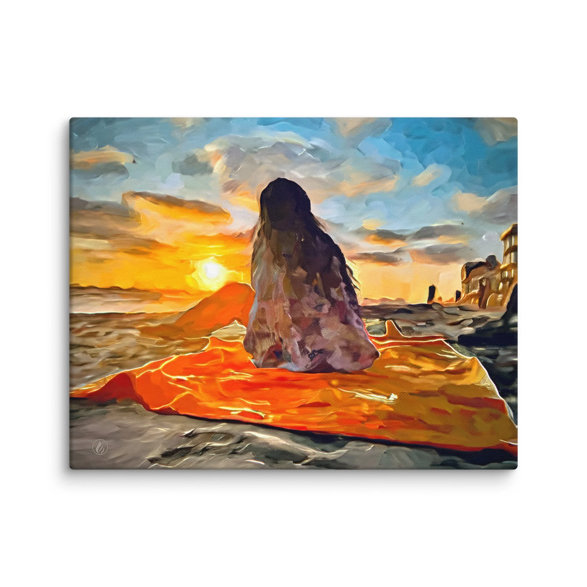 Figurative Coastal Canvas – Sunset Reverie – Warm Blanket & Ocean Horizon Art – Modern Reflective Decor