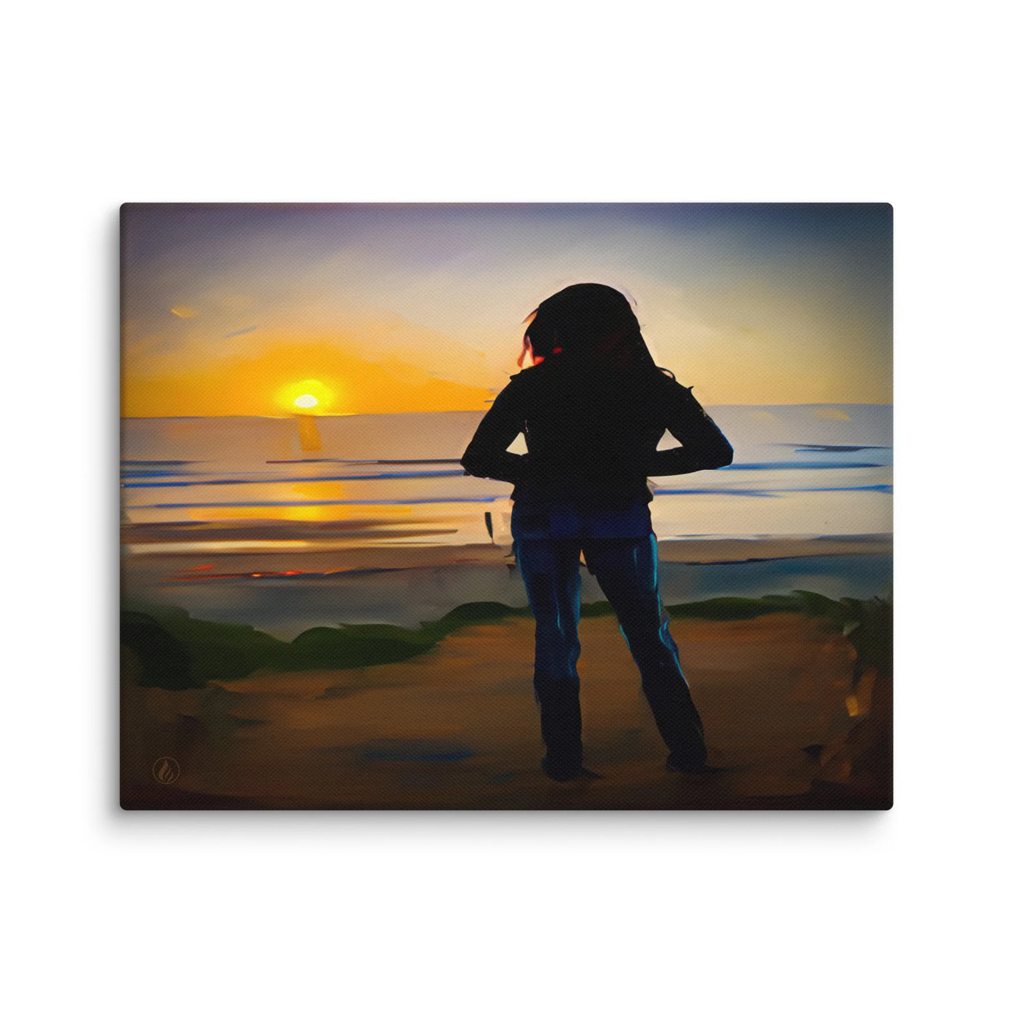 Figurative Coastal Canvas – Ocean Thoughts – Sunset Silhouette & Horizon Art – Modern Reflective Decor