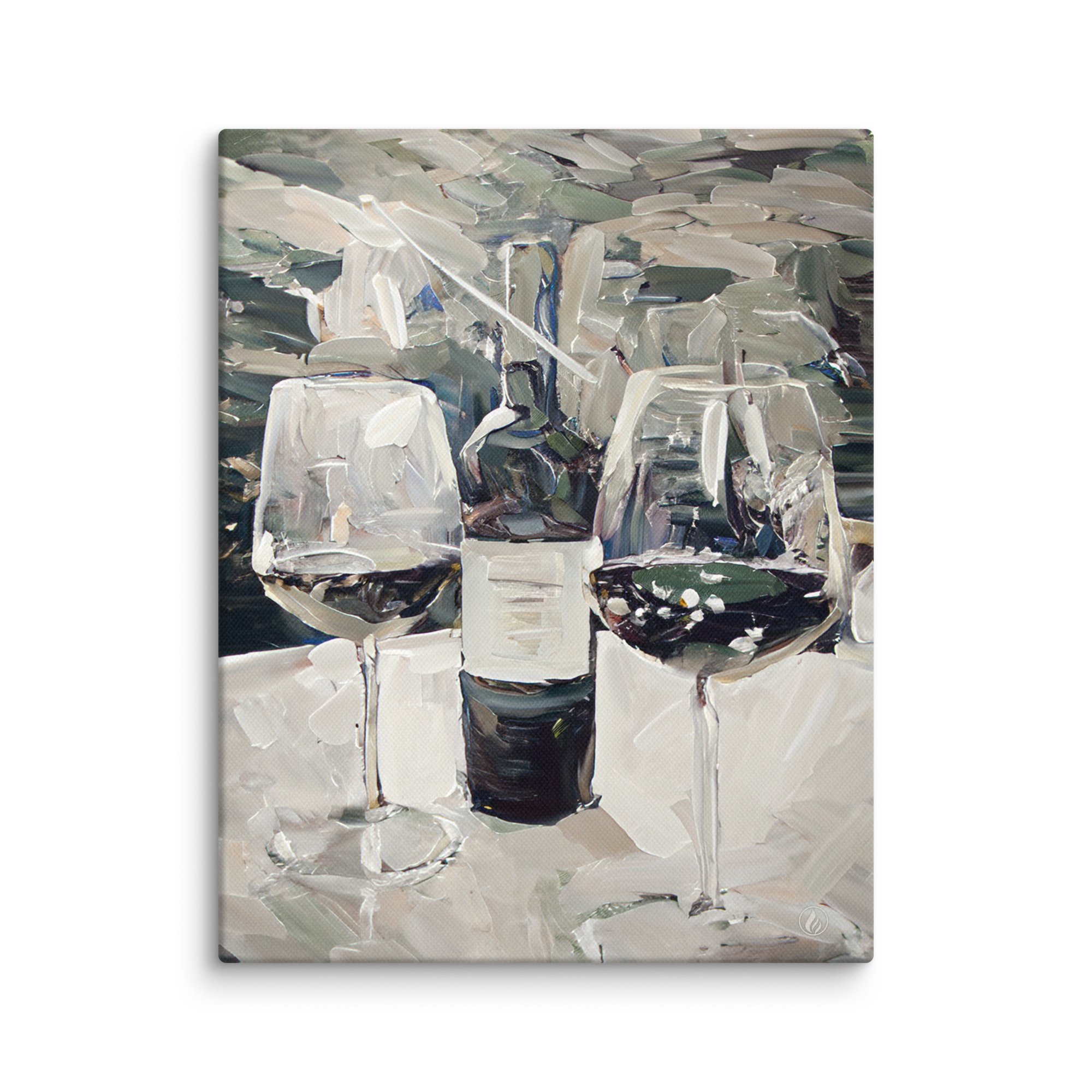Still Life Canvas Art – Wine for Two – Bottle, Glasses & Quiet Connection – Modern Intimate Decor