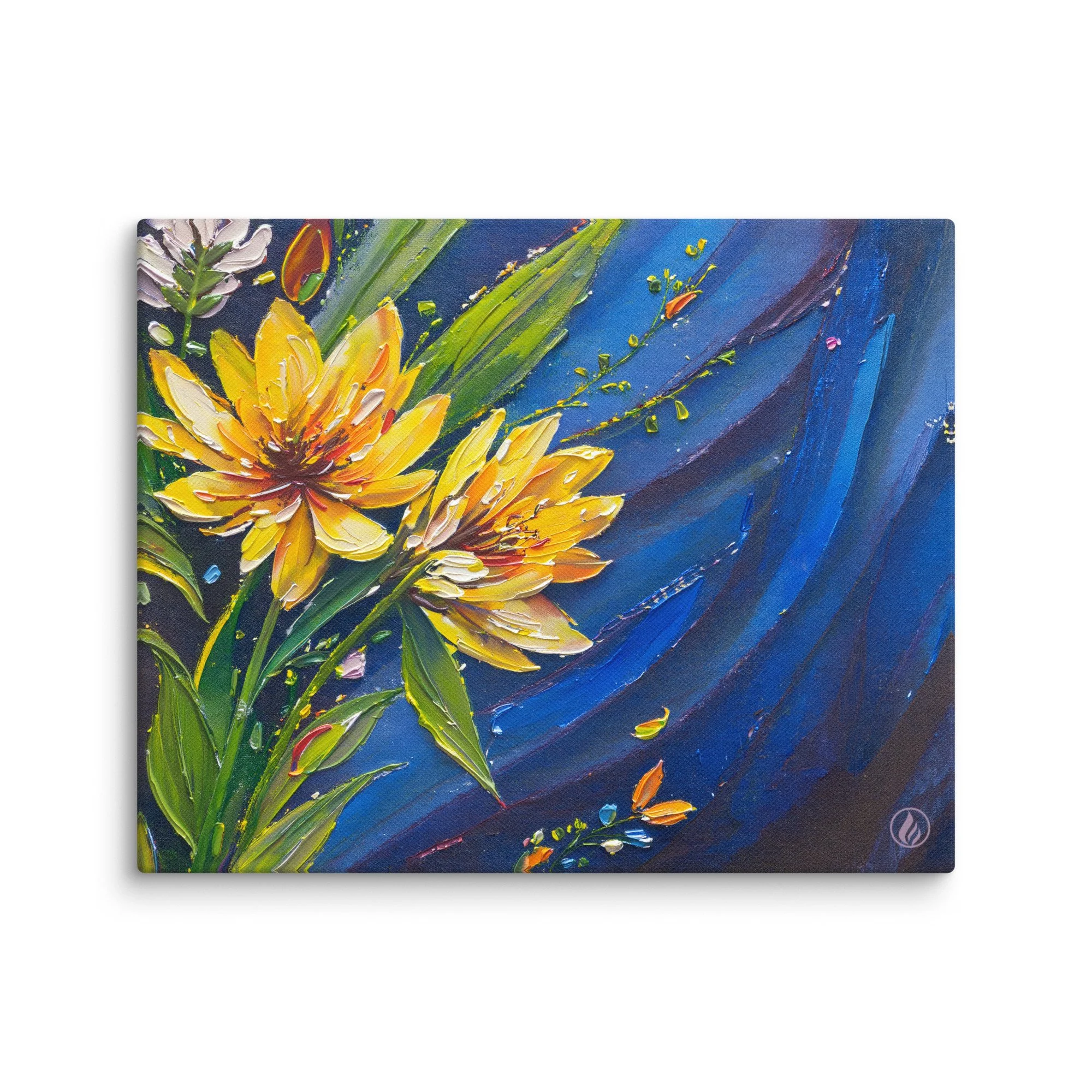 Against the Current - Yellow Floral Canvas Art – Textured Impasto Flowers – Bold Blue Abstract Background – Modern Botanical Wall Decor