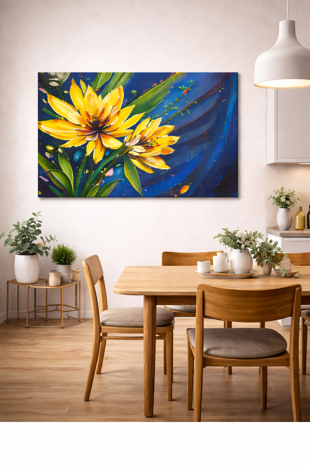 Bright dining area with floral painting.png