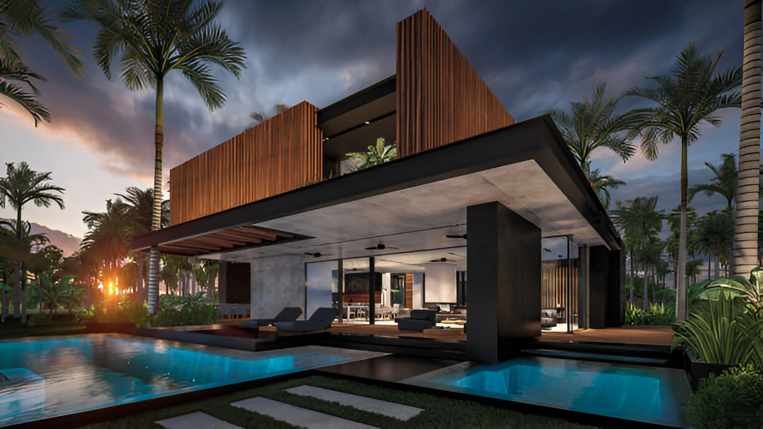 Modern house with open living space, pool, and lush tropical trees at sunset.
