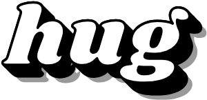 The word 'hug' written in white script on a black background.