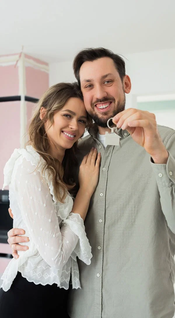 A happy couple inside a home, holding a set of keys and smiling.