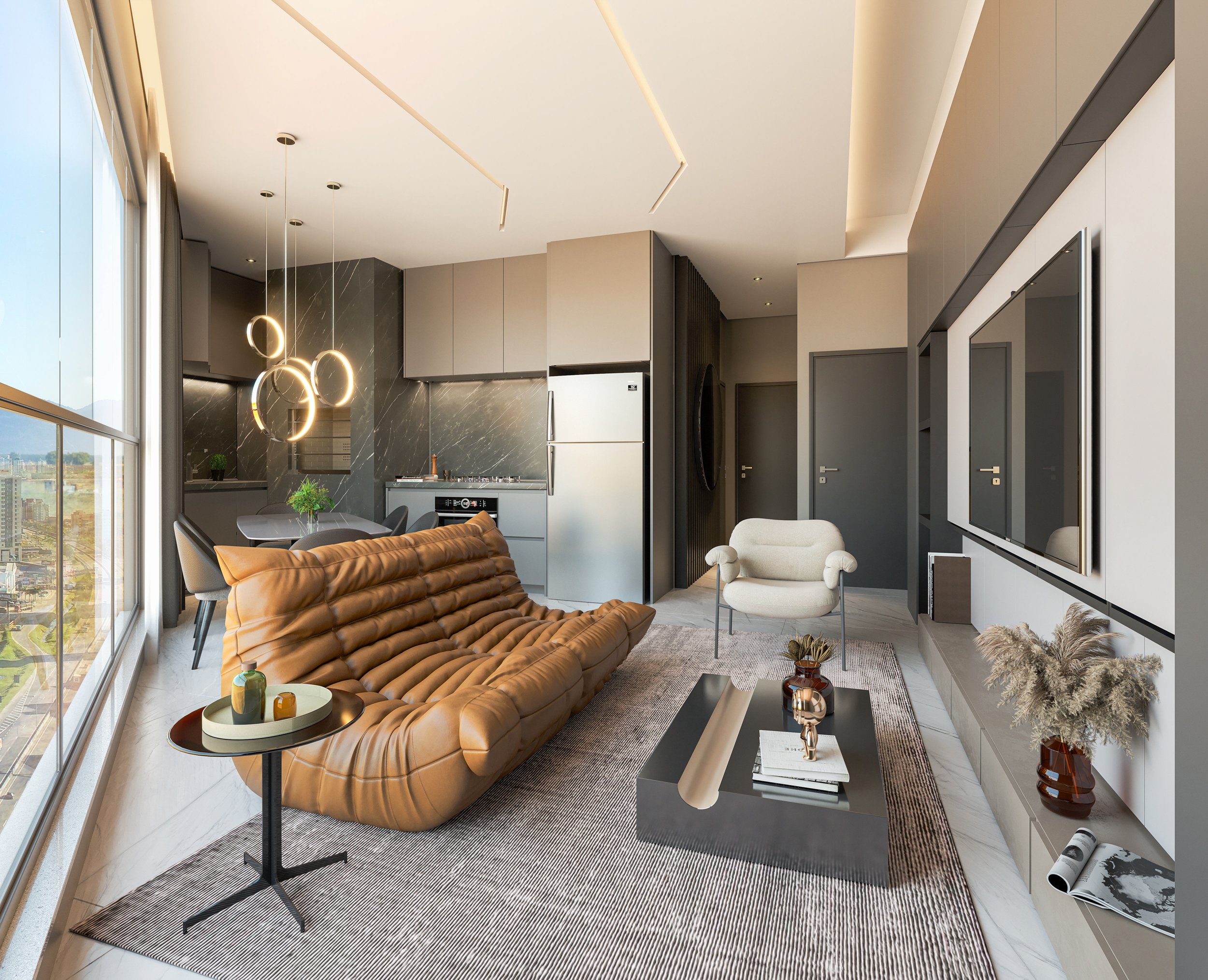 Modern living room with tan leather sofa, white armchair, black coffee table, large wall-mounted TV, side vase with dried flowers, and a textured area rug, with large windows showing city view.