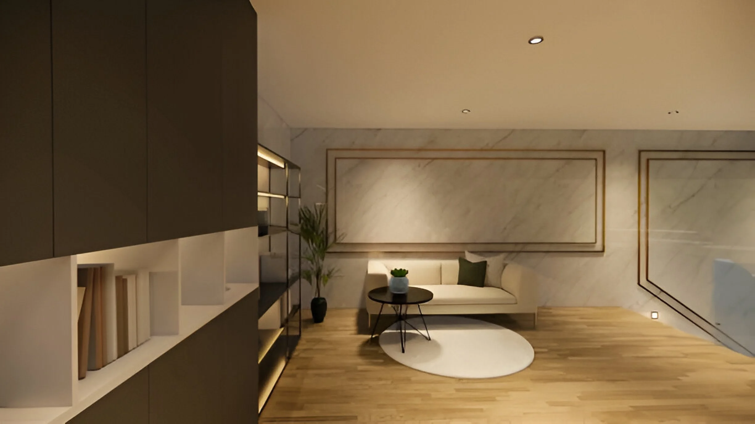 Modern living room with beige sofa, round black coffee table with a small potted plant, and a white oval rug on wooden floor. Wall features geometric molding, and a tall black potted plant is beside the sofa. Recessed ceiling lights illuminate the area.