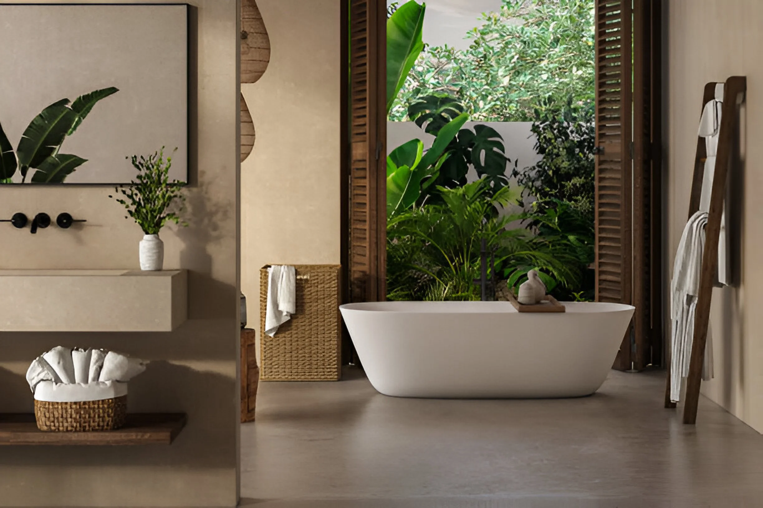 A modern bathroom with a white bathtub in front of open wooden shutters, surrounded by lush green plants visible through the shutters, and decorated with natural and neutral-colored elements.