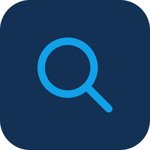 Magnifying glass icon on a dark blue background.
