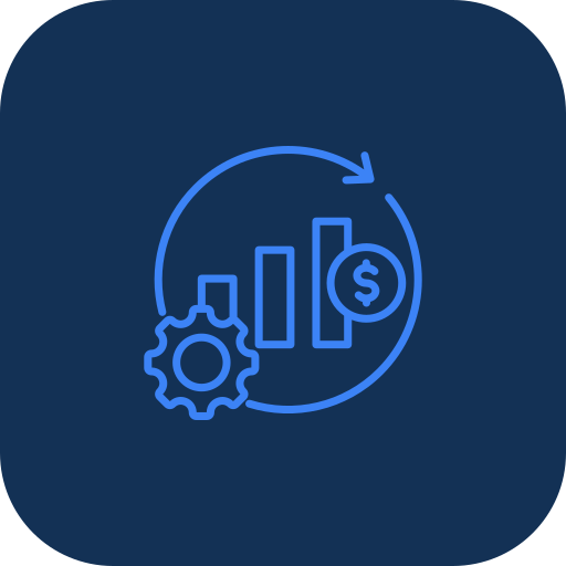 Illustration of a gear, a bar chart, a dollar coin, and a circular arrow, representing financial or business process concepts.