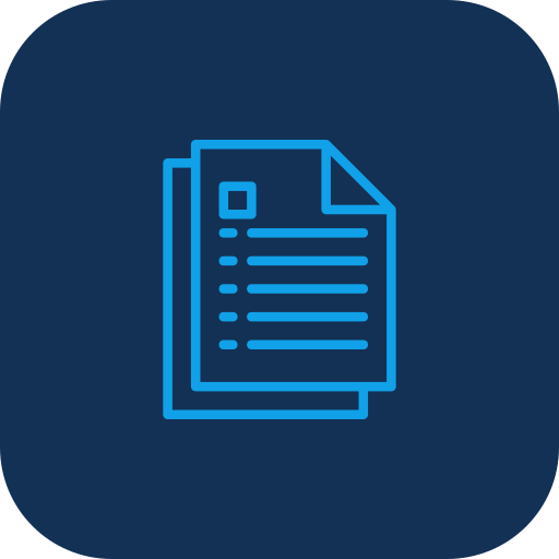 Icon of a document or a report with lines and a small square at the top left, on a dark blue background.
