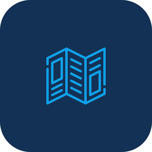 Icon of an unfolded folded brochure or pamphlet on a dark blue background.