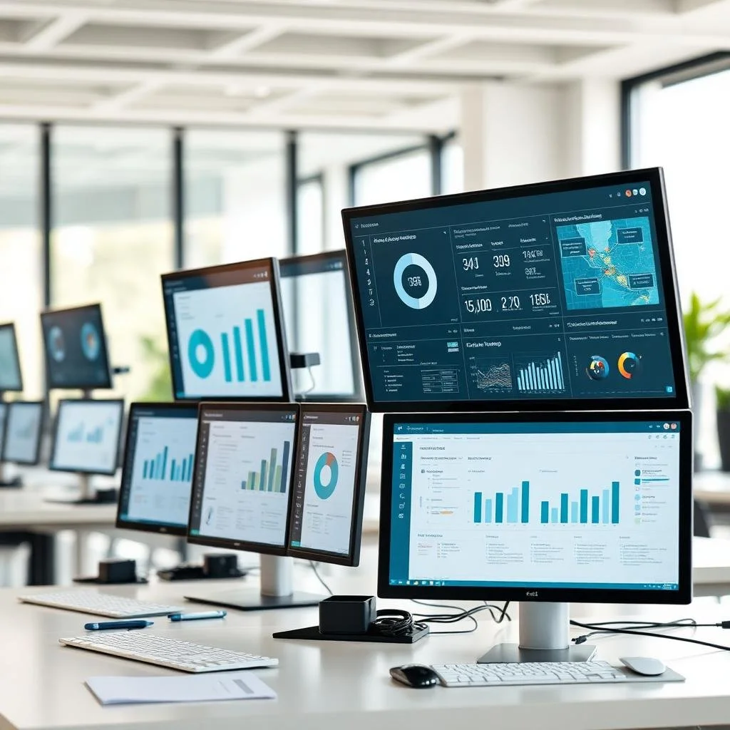 Multiple computer monitors displaying data charts, graphs, and maps in a modern office setting.