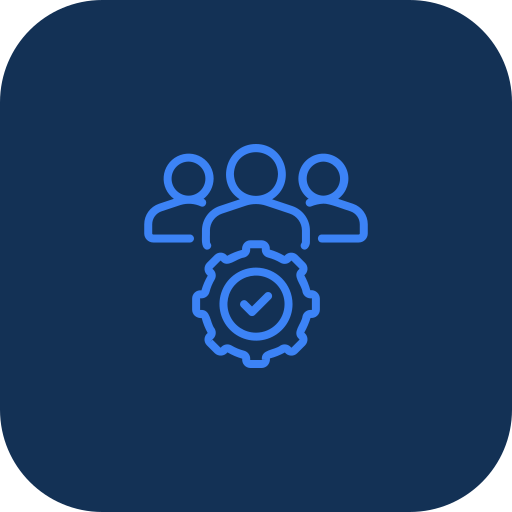 An icon of three people with a gear and checkmark, representing team management or approval.